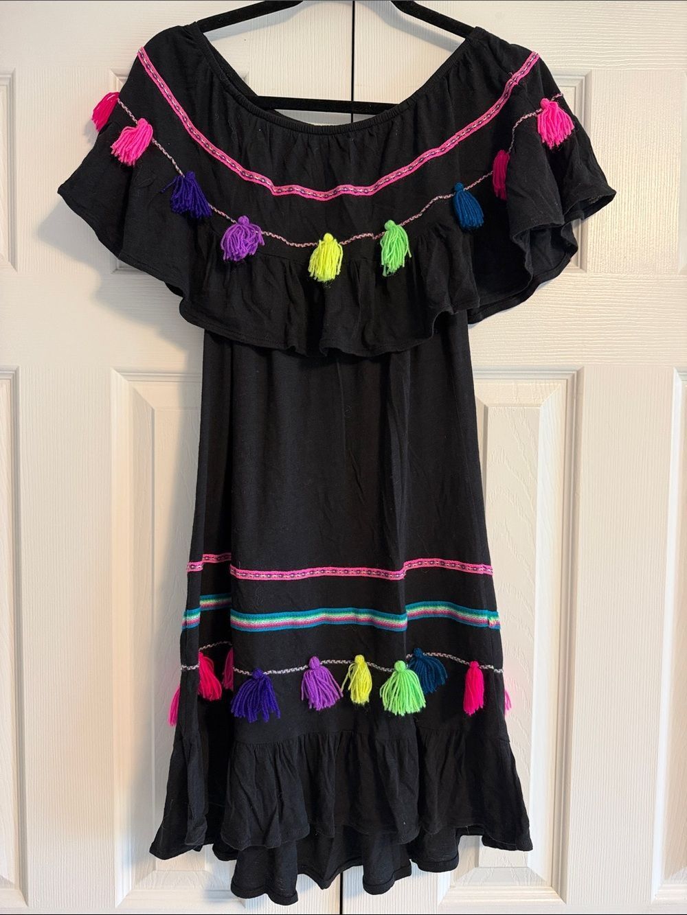 Pitusa Black Off Shoulder Dress Neon Tassel Embroidered Ribbon Cover Up One Size